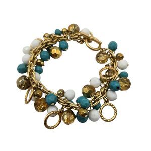 Vintage Kenneth J Lane Toggle Bracelet Turquoise Beaded Gold Tone 8"